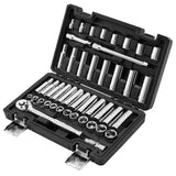 Socket Set, 44 Pieces, 9.5 mm Drive Socket and Ratchet Set, SAE and Metric, Deep and Shallow, Mechanic Tool Kit with Accessories and Storage Case, CR-V Alloy Steel, for Automotive Repair