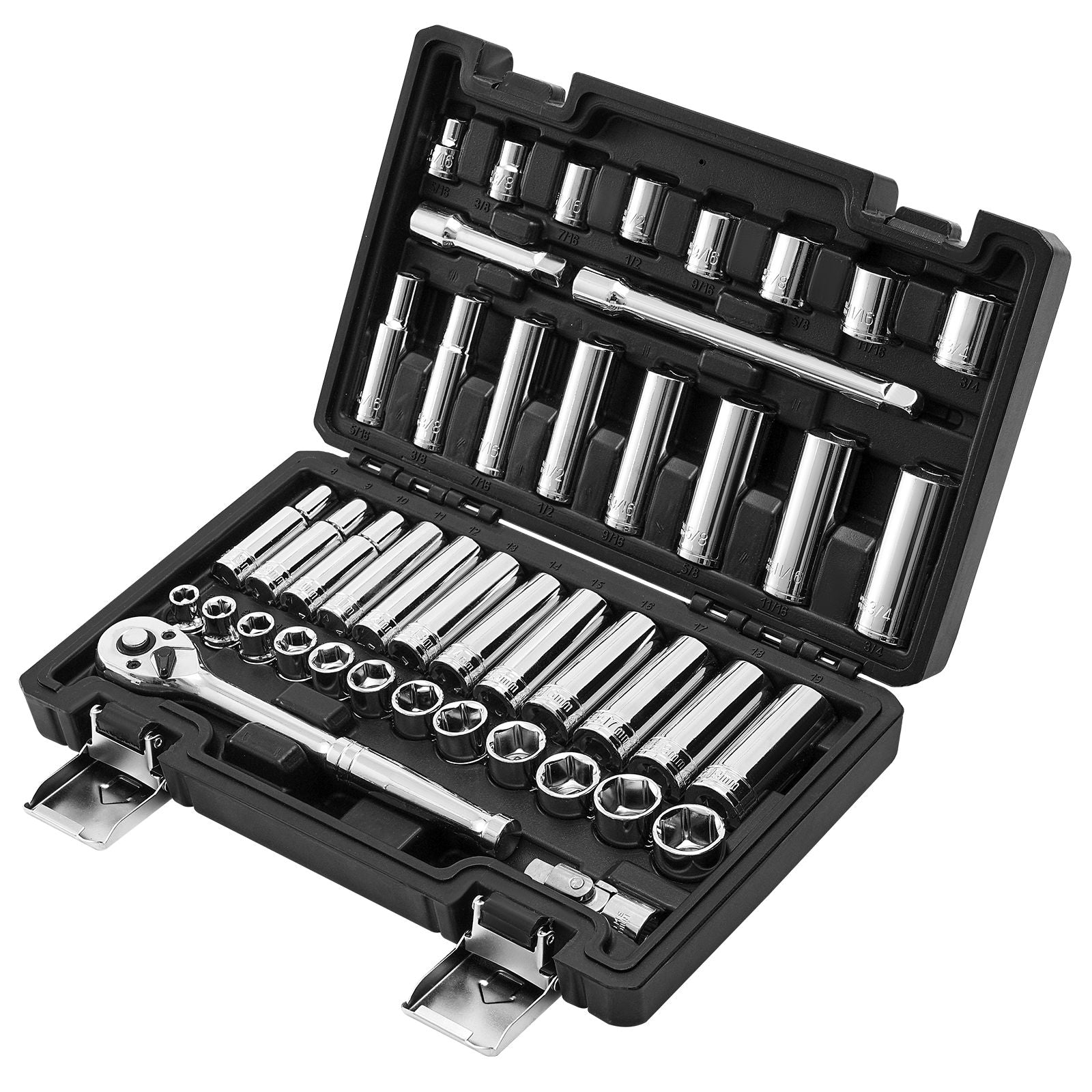Socket Set, 44 Pieces, 9.5 mm Drive Socket and Ratchet Set, SAE and Metric, Deep and Shallow, Mechanic Tool Kit with Accessories and Storage Case, CR-V Alloy Steel, for Automotive Repair