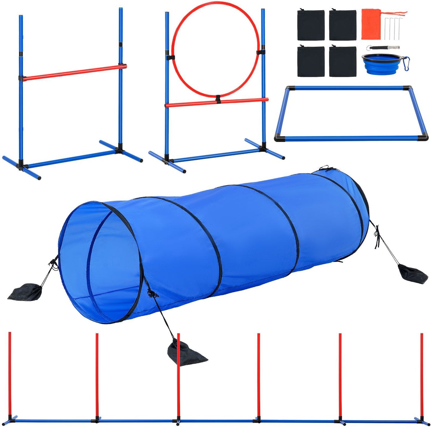 Dog Agility Training Equipment, 5 PCS Set with Adjustable High Hurdles,6 Weave Poles, Tunnel, Jump Ring, Pause Box, Whistle, Foldable Bowl, Puppy Obstacle Course Kit with Storage Bags
