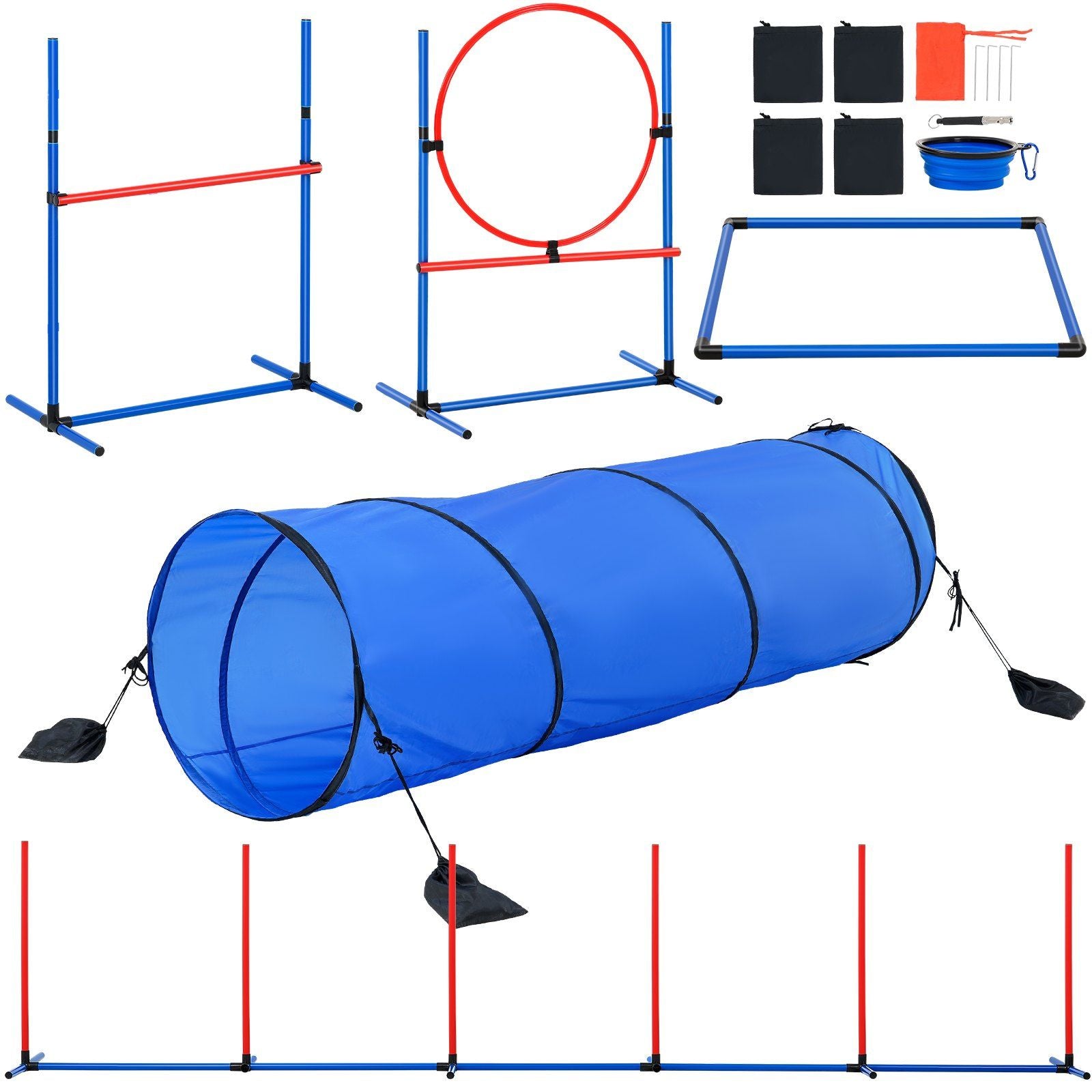 Dog Agility Training Equipment, 5 PCS Set with Adjustable High Hurdles,6 Weave Poles, Tunnel, Jump Ring, Pause Box, Whistle, Foldable Bowl, Puppy Obstacle Course Kit with Storage Bags