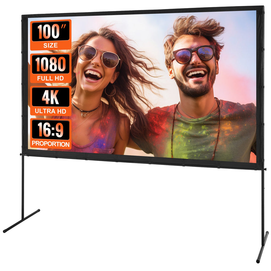 VEVOR Projector Screen with Stand, 100 inch 16:9 4K 1080 HD Outdoor Movie Screen with Stand, Wrinkle-Free Projection Screen with Bar Feet and Carry Bag, for Home Theater Cinema Backyard Movie Night