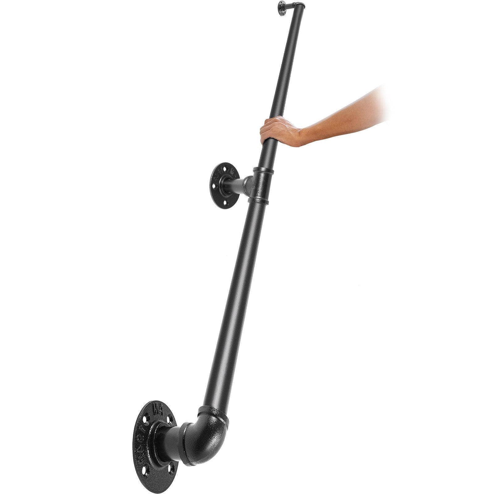 Pipe Stair Handrail, 7FT Staircase Handrail, 440LBS Load Capacity Carbon Steel Pipe Handrail, Industrial Pipe Handrail with Wall Mount Support, Round Corner Wall Handrailings for Indoor, Outdoor