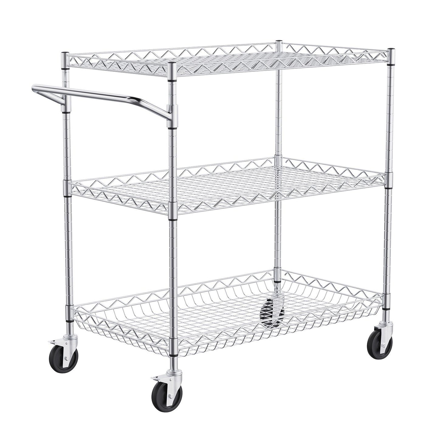 Kitchen Utility Cart, 3 Tiers, Wire Rolling Cart with 300kg Capacity, Steel Service Cart on Wheels, Metal Storage Trolley with 80mm Deep Basket Curved Handle 6 Hooks, for Indoor and Outdoor Use