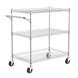 Kitchen Utility Cart, 3 Tiers, Wire Rolling Cart with 300kg Capacity, Steel Service Cart on Wheels, Metal Storage Trolley with 80mm Deep Basket Curved Handle 6 Hooks, for Indoor and Outdoor Use