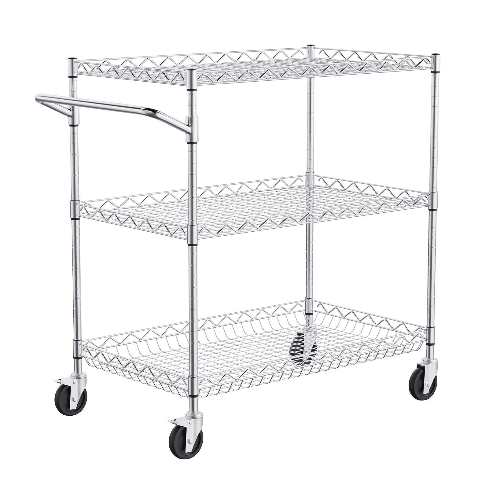 Kitchen Utility Cart, 3 Tiers, Wire Rolling Cart with 300kg Capacity, Steel Service Cart on Wheels, Metal Storage Trolley with 80mm Deep Basket Curved Handle 6 Hooks, for Indoor and Outdoor Use