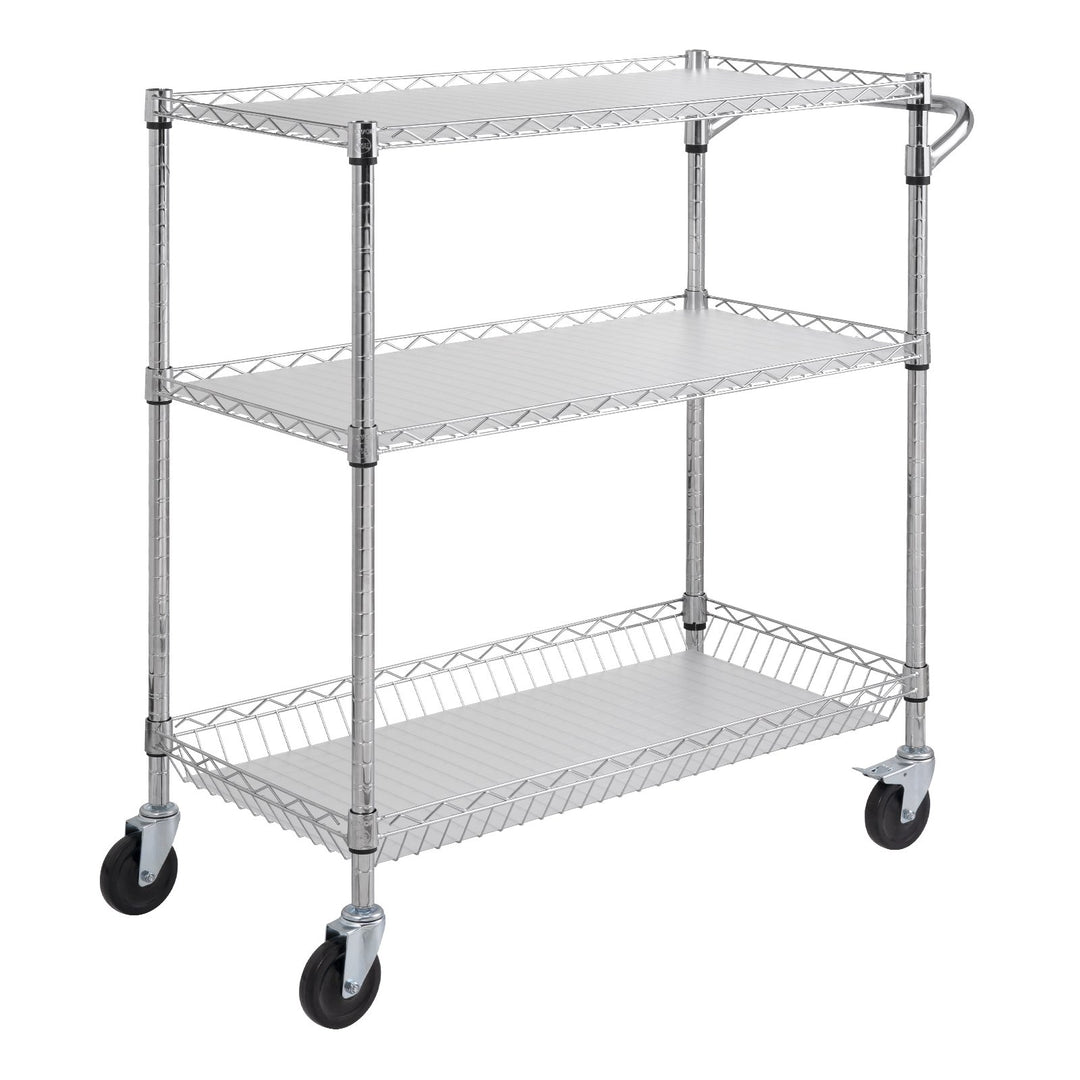 VEVOR Kitchen Utility Cart, 3 Tiers, Wire Rolling Cart, Steel Service Cart on Wheels, Metal Storage Trolley with 80mm Basket Curved Handle PP Liner 6 Hooks, for Indoor and Outdoor