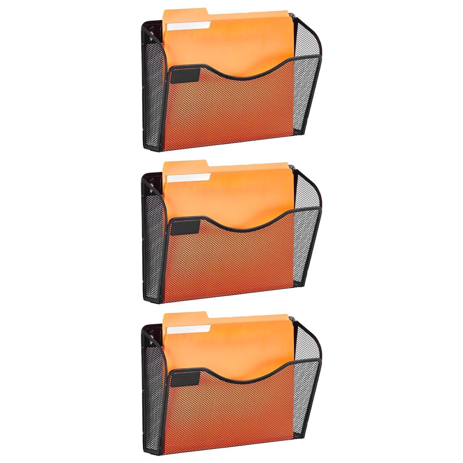 File Wall Rack, Three-Piece 1 Pocket Mesh Wall File Holder, Wall Mounted Magazine Mail Paper & Document Storage Folder, Metal Wall File Organizer with Nametag Label, for Office Home & School