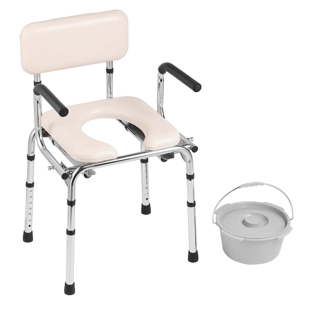 Commode Chair, Bedside Commode with Padded Seat, Drop-Down Arms, 7-Level Adjustable Height, 5.8L Removable Bucket, Easy to Assemble, 350LBS Capacity, Portable Toilet for Adults Seniors