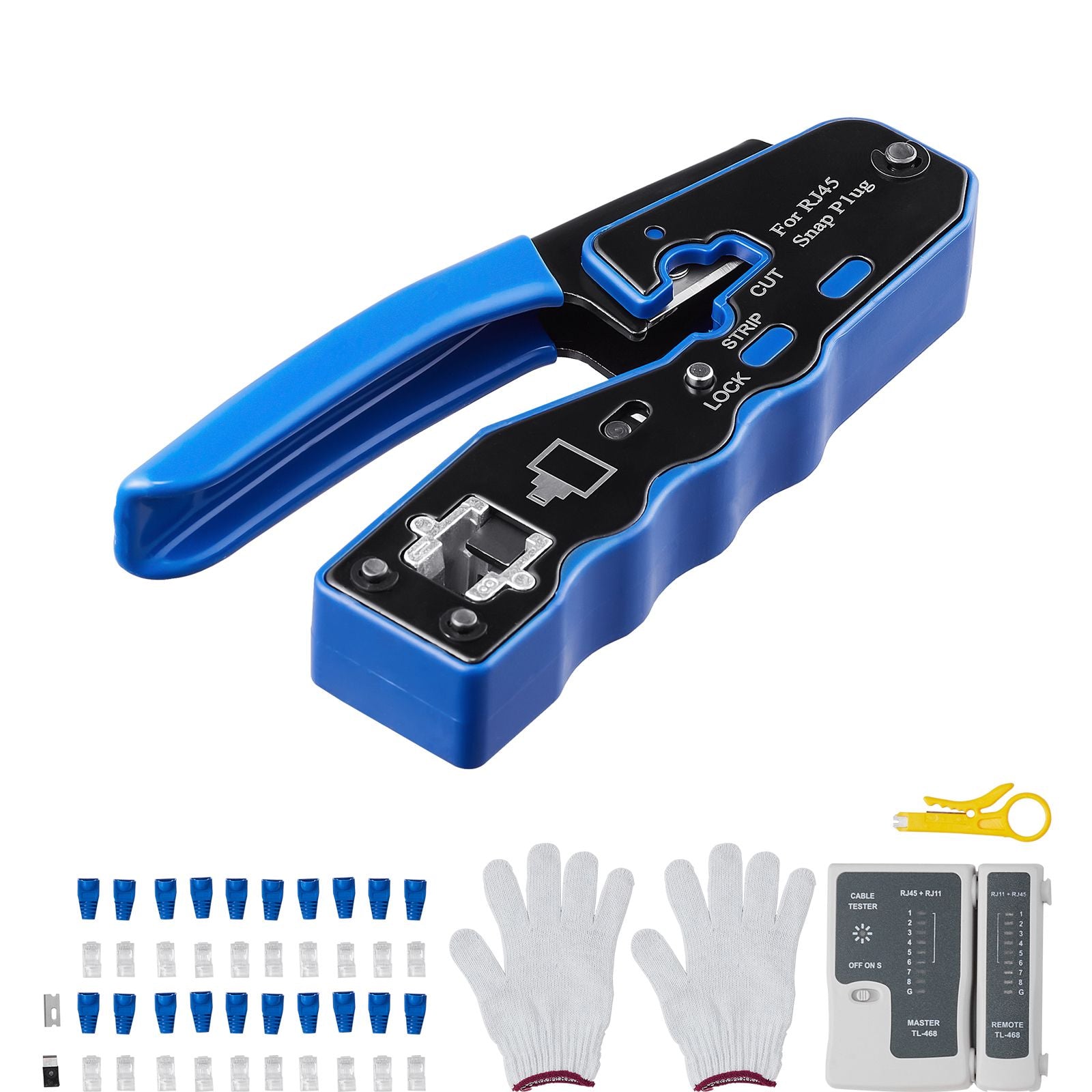 RJ45 Crimp Tool Kit, Cat5e/Cat6/Cat6a Ethernet Crimper Crimp Pliers for 8-Pin Modular Plugs with 20pcs Pass-Through Connectors and Covers, Wire Stripper and Network Tester