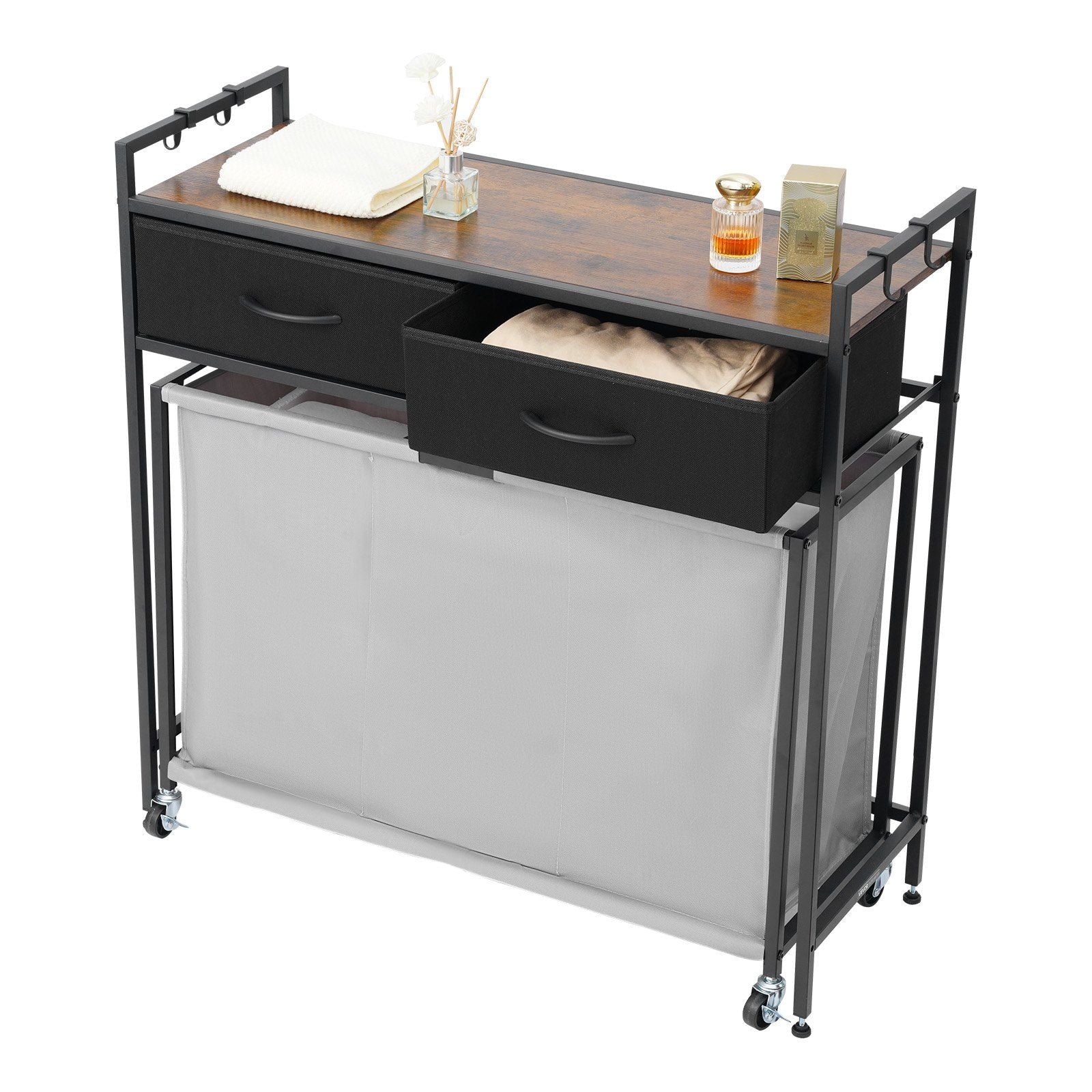 3 Section Laundry Sorter, Rolling Laundry Hamper with 2 Drawers, Hooks & Wheels, Rolling Basket Organizer Storage with Pull-Out Rolling Bags and Wooden Tabletop for Dirty Clothes, Bathroom