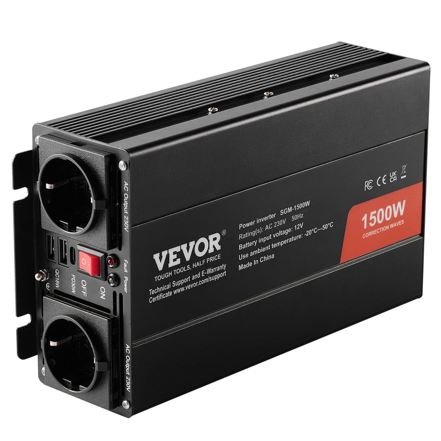 VEVOR Modified Sine Wave Inverter, 1500W, DC 12V to AC 230V Power Inverter with 2 AC Outlets 2 USB Port 1 Type-C Port 6 Spare Fuses, for Small Home Devices like Smartphone Laptop, CE FCC Certified