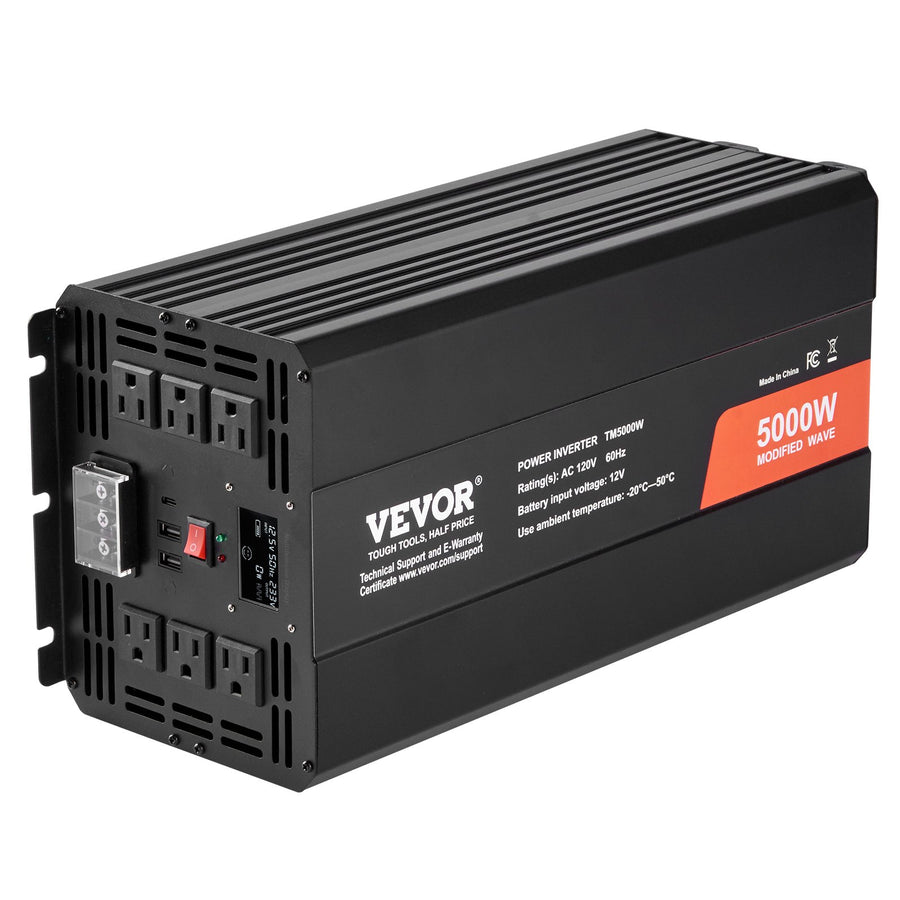 VEVOR Modified Sine Wave Inverter, 5000W, DC 12V to AC 230V Power Inverter with 2 AC Outlets 2 USB Port 1 Type-C Port, LCD Display and Remote Controller for High Load Home Appliances, CE FCC Certified