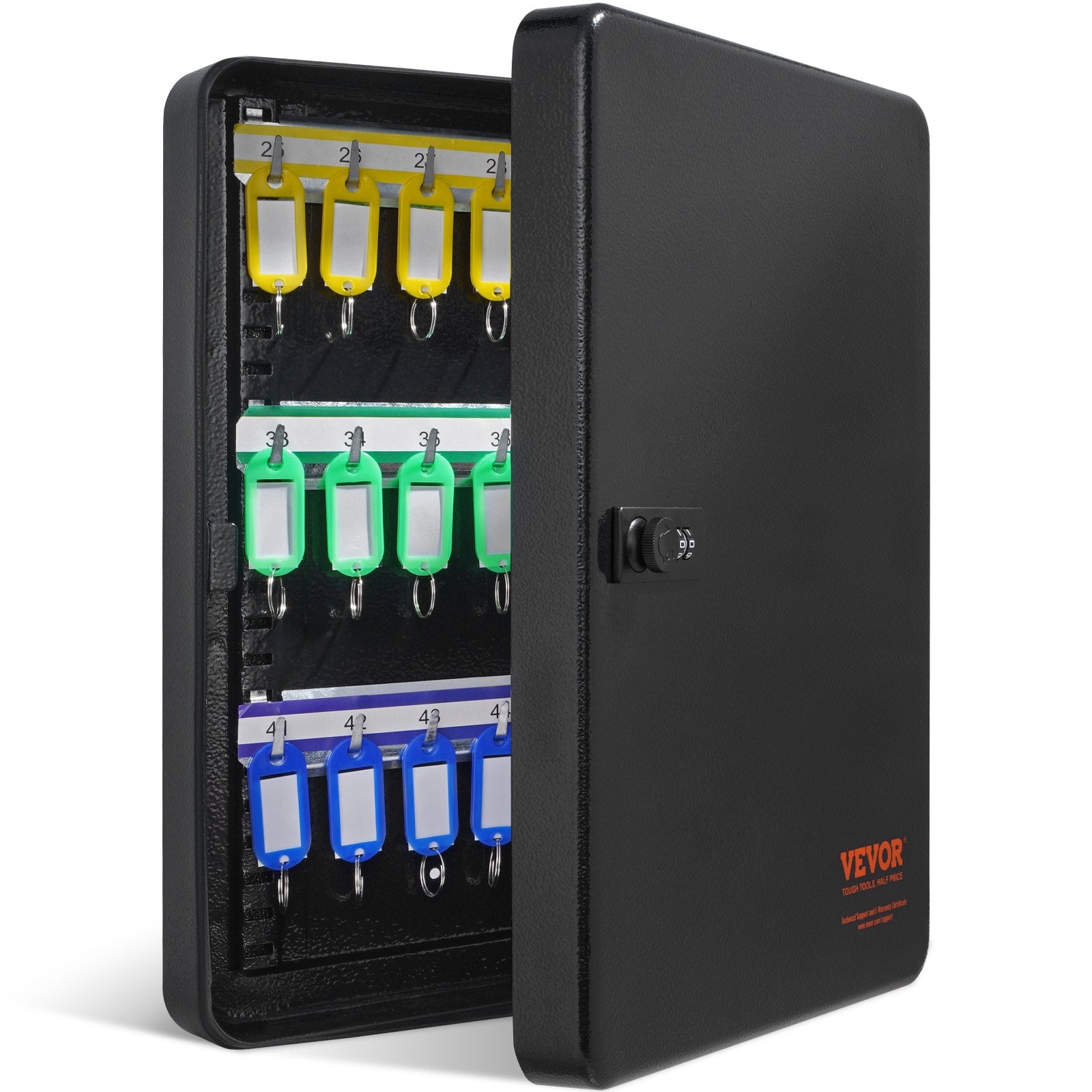 VEVOR 48-Key Cabinet, Key Safe with Combination & Key Lock, Digital Security Storage Box Steel Key Organizer with Adjustable Racks, 48 pcs Colorful Key Tags and A Record Card for School, Office, Hotel