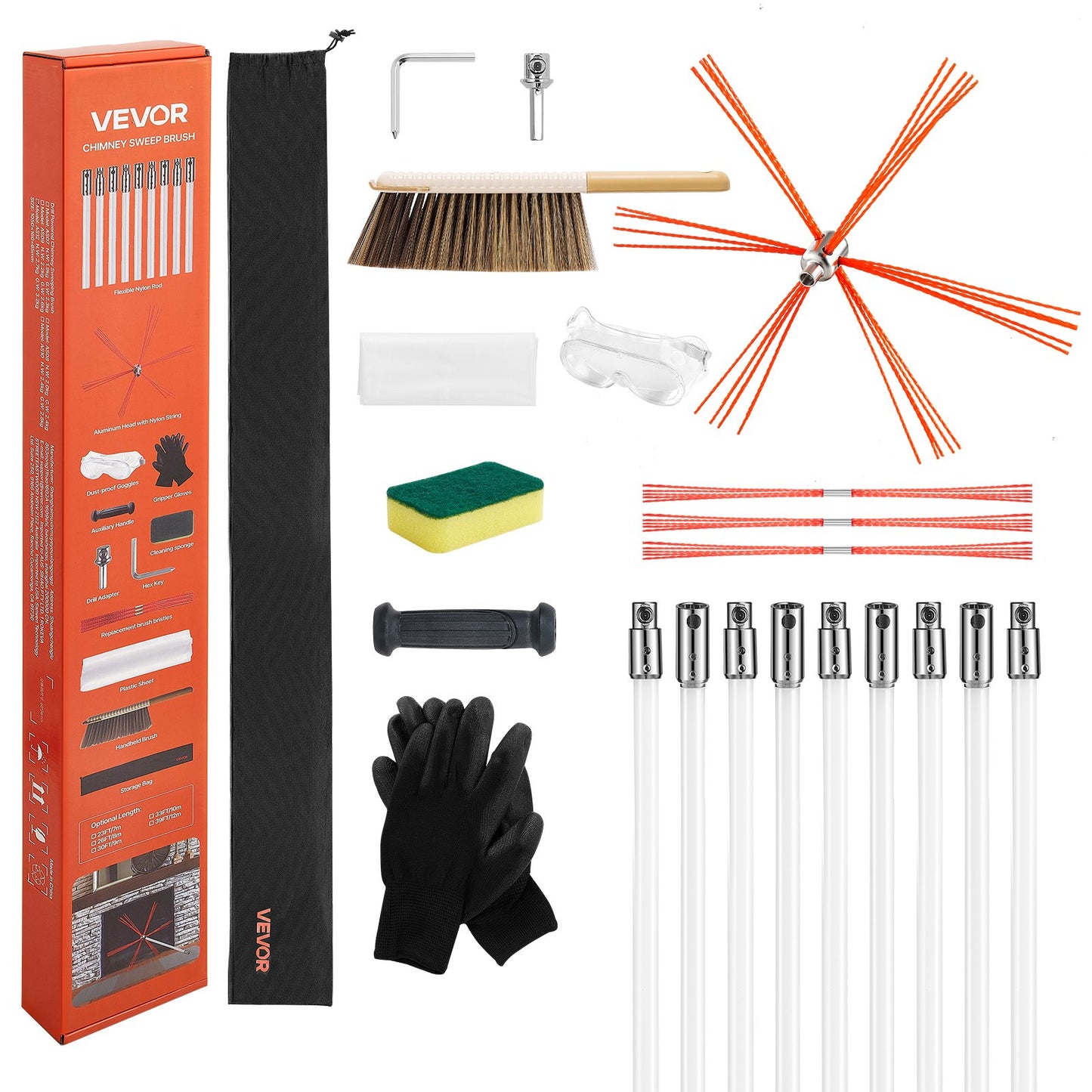 Chimney Sweep Kit, 9m Maximum Extendable Length Chimney Sweep, Chimneys Cleaning Kit with Bristle Replacements & Goggles, 90° Bendable Fireplace Cleaning Tool, for Square, Rectangle Chimneys