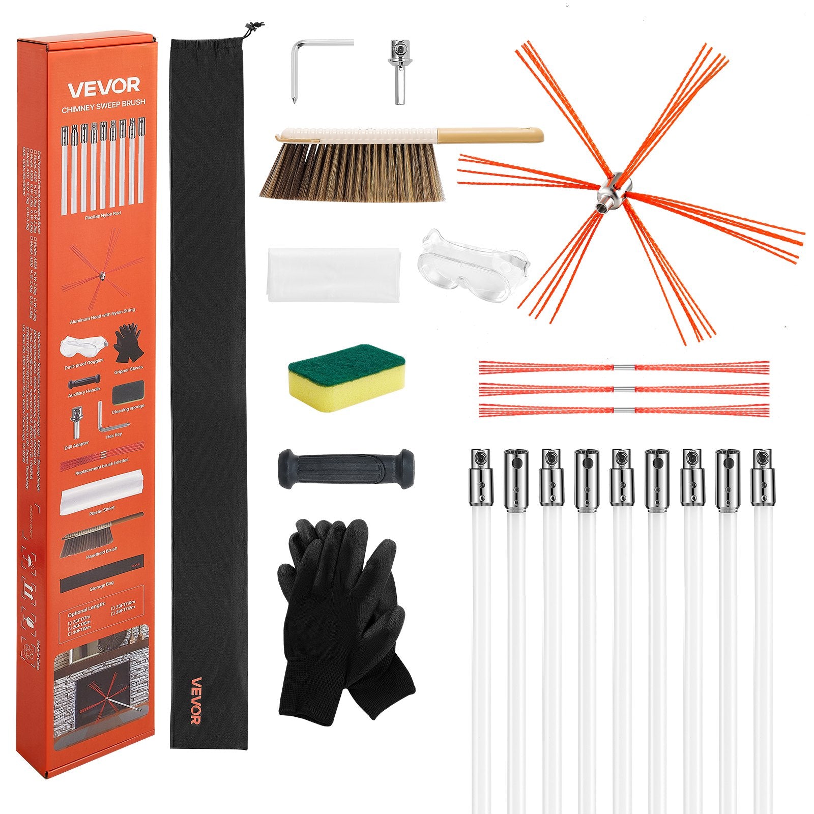 Chimney Sweep Kit, 9m Maximum Extendable Length Chimney Sweep, Chimneys Cleaning Kit with Bristle Replacements & Goggles, 90° Bendable Fireplace Cleaning Tool, for Square, Rectangle Chimneys