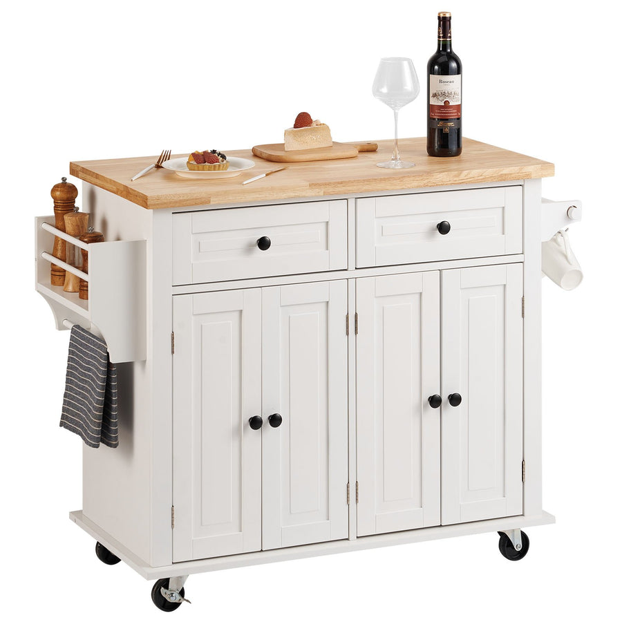 VEVOR Kitchen Island Cart with Solid Wood Top, 900 mm Width Mobile Carts with Storage Cabinet, Rolling Kitchen Table with Spice Rack, Towel Rack, and Drawer, Portable Islands on Wheels, White