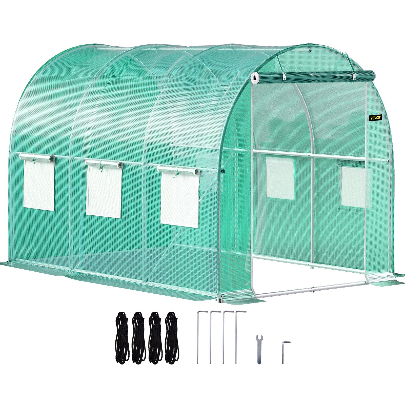 VEVOR Walk-in Tunnel Greenhouse, 3 x 2 x 2 m, Portable Plant Hot House with Galvanised Steel Frame, 1 Top Bar, Diagonal Poles, Zipper Door and 6 Roll-Up Windows, Green