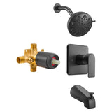 Tub and Shower Faucet Set, 127 mm Rainfall Shower Head and Bathtub Spout, Complete Single-Handle Tub Trim Kit with Brass Pressure Balancing Valve, 8-Setting Adjustable Spray Modes, Matte Black