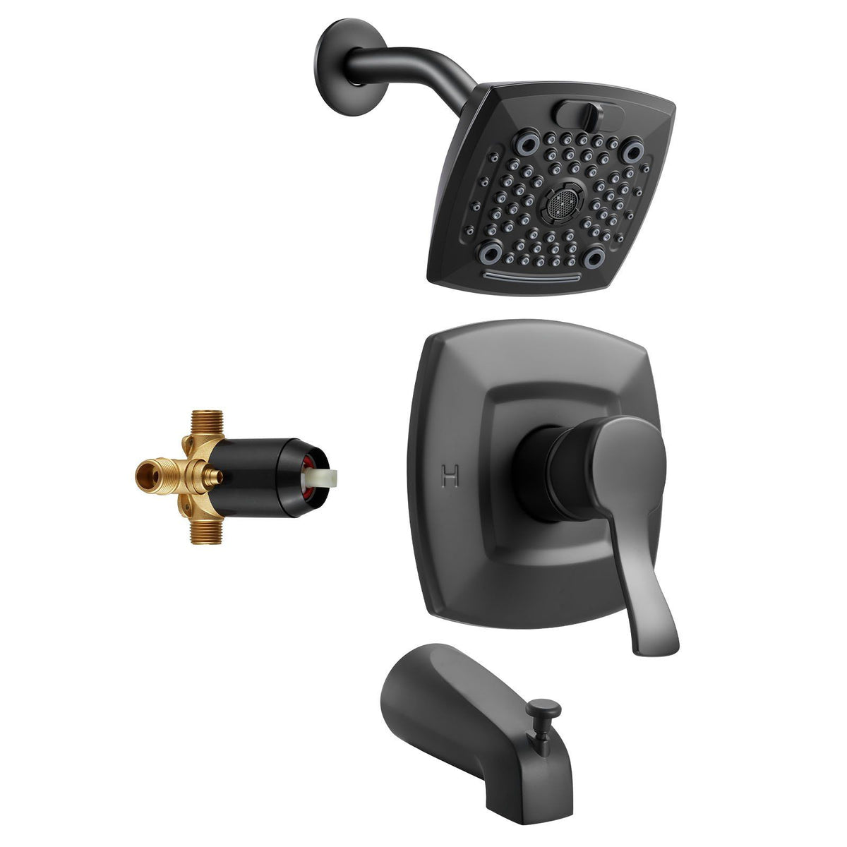Tub and Shower Faucet Set, Complete with 130 mm Rainfall Shower Head and Bathtub Spout, 5-Setting Adjustable Spray, Single-Handle Tub Trim Kit with Brass Pressure Balancing Valve, Matte Black