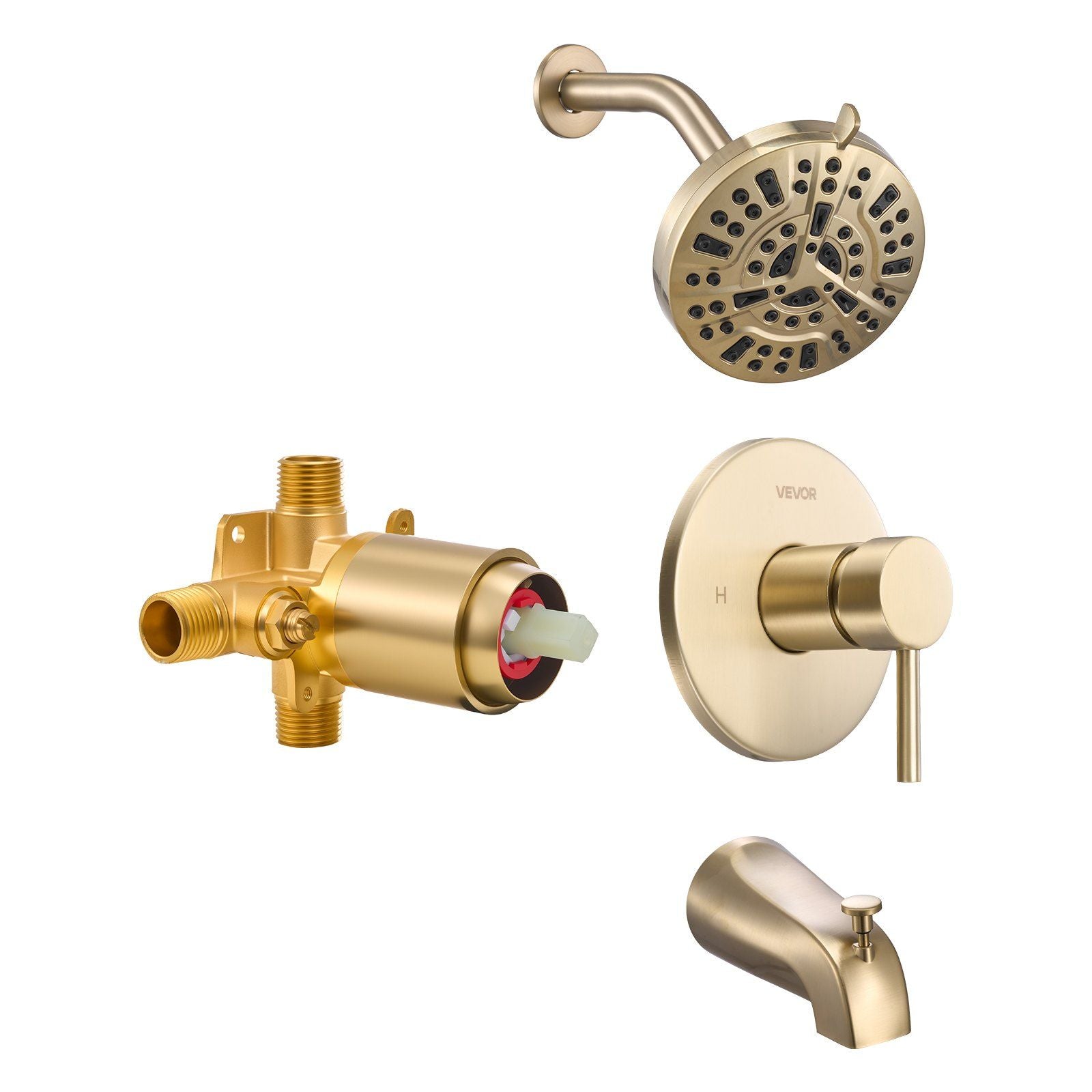 Tub and Shower Faucet Set, Complete with 127 mm Rainfall Shower Head and Bathtub Spout, 8-Setting Adjustable Spray, Single-Handle Tub Trim Kit with Brass Pressure Balancing Valve, Gold Finish