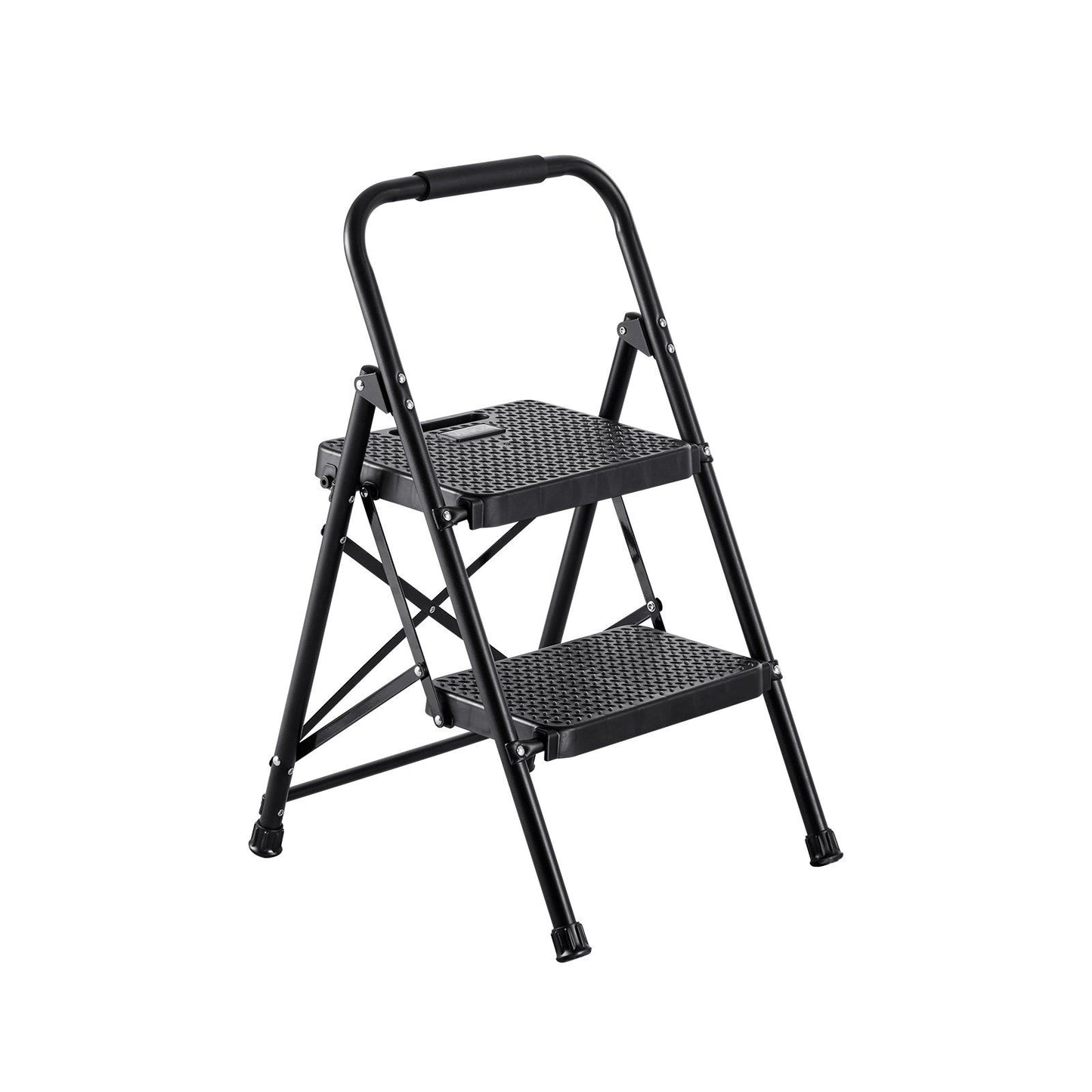 2 Step Ladder, Folding Step Stool with Wide Anti-Slip Pedal and Comfort Handgrip, Lightweight 272 kg Capacity Portable Steel Ladder, Multi-Use for Kitchen, Home, Household and Office, Black