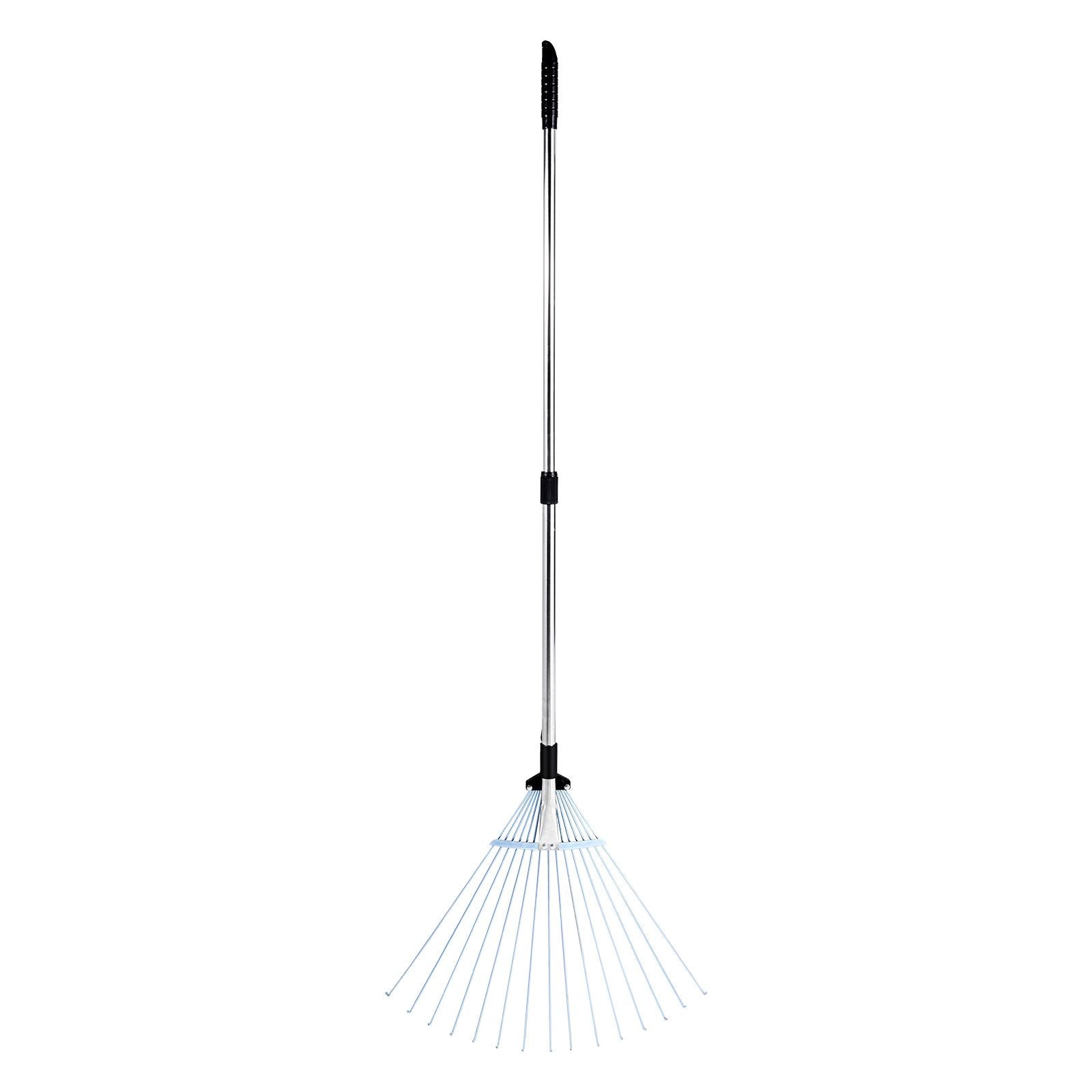 Leaf Rake, 15 Metal Tines, Adjustable Garden Rake for Lawns with 19-57 cm Wide Head and 81.3-160 cm Long Handle, Heavy Duty Stainless Steel Small Leaves Tool for Gardening Camping Yard Grass