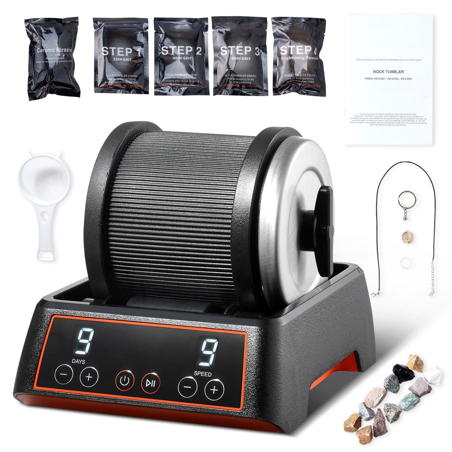 Rock Tumbler Kit, 2.5 lbs Rock Polishing Kit, 9 Speed Settings 9-Day Polishing Timer Stone Polishing Kit, Rock Polisher with Rough Gemstones and Polishing Grits, Rock Polisher for Kids Adults