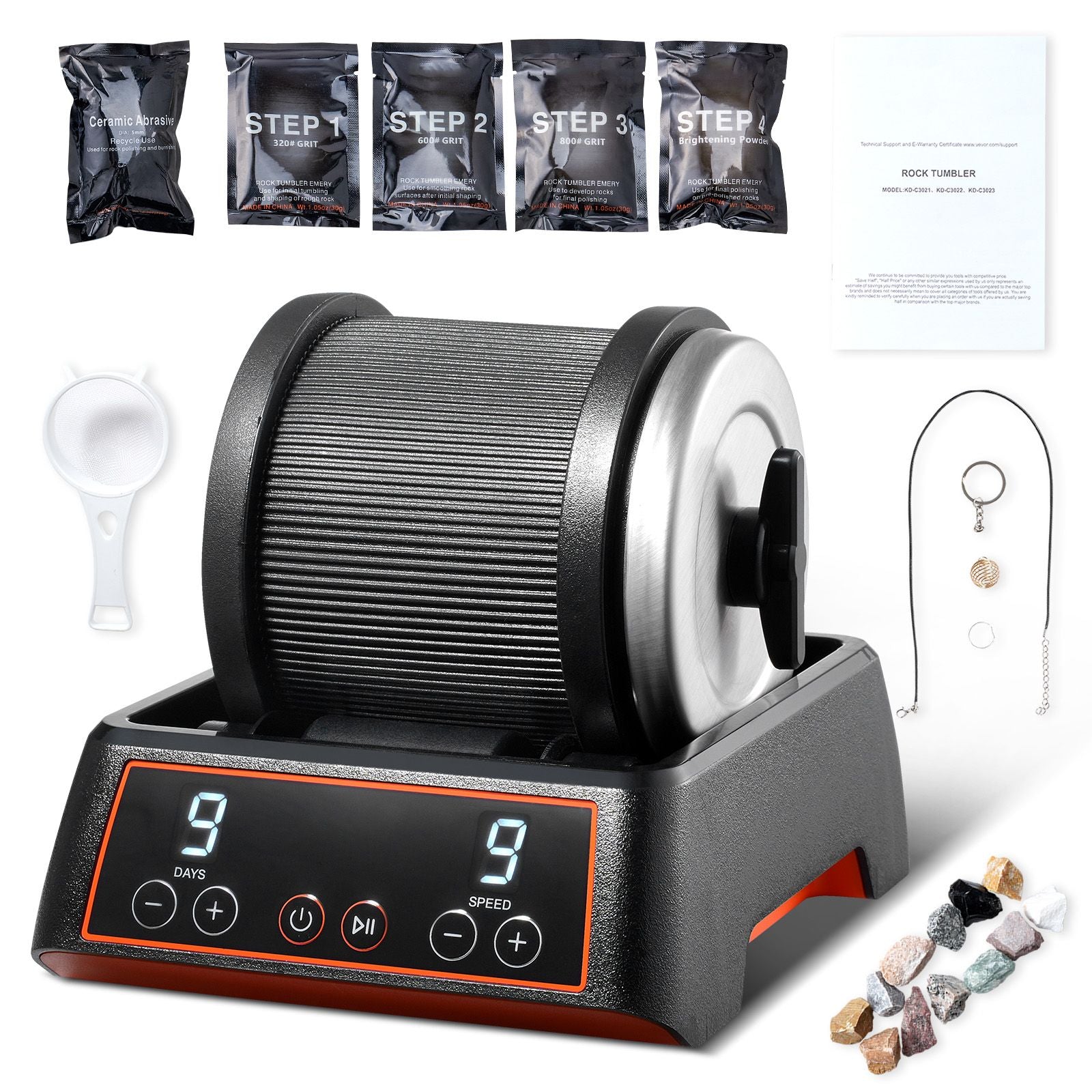 Rock Tumbler Kit, 2.5 lbs Rock Polishing Kit, 9 Speed Settings 9-Day Polishing Timer Stone Polishing Kit, Rock Polisher with Rough Gemstones and Polishing Grits, Rock Polisher for Kids Adults