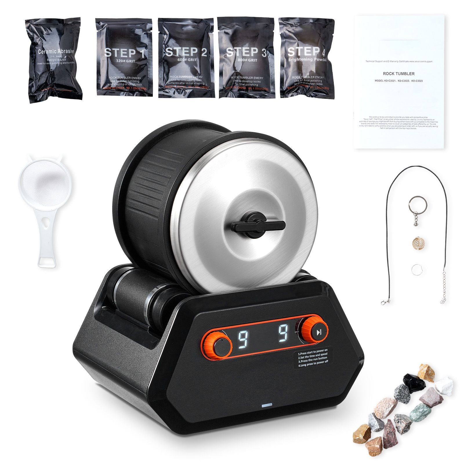 Rock Tumbler Kit, 4 lbs Rock Polishing Kit, 9 Speed Settings 9-Day Polishing Timer Stone Polishing Kit, Rock Polisher with Rough Gemstones and Polishing Grits, Rock Polisher for Kids Adults