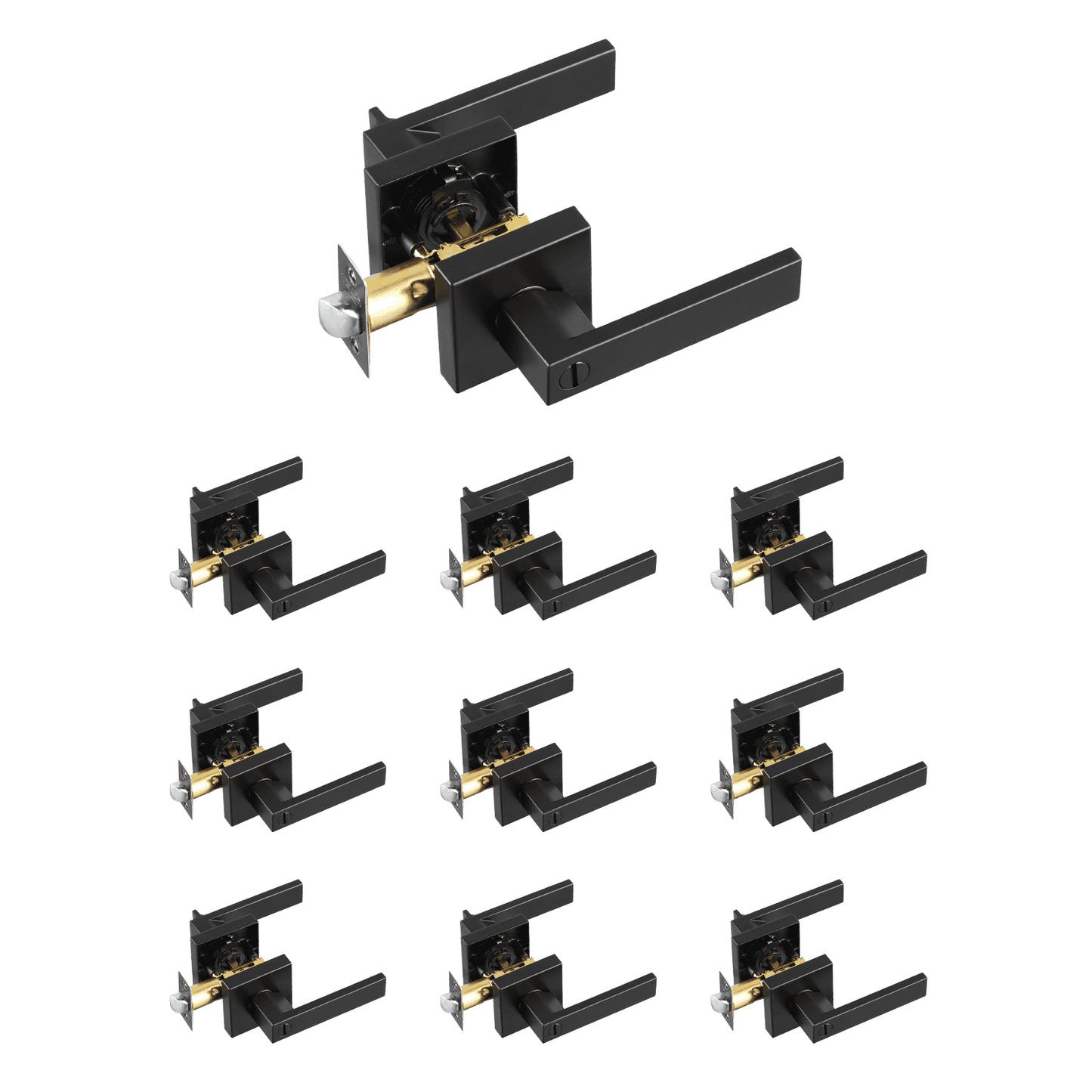 Privacy Door Handle, 10 Pack Matte Black Door Lever, Left or Right Handing Reversible Lever with Keyless Lock, 45° Rotation to Open, Universal Square Interior for Bedroom and Bathroom Doors