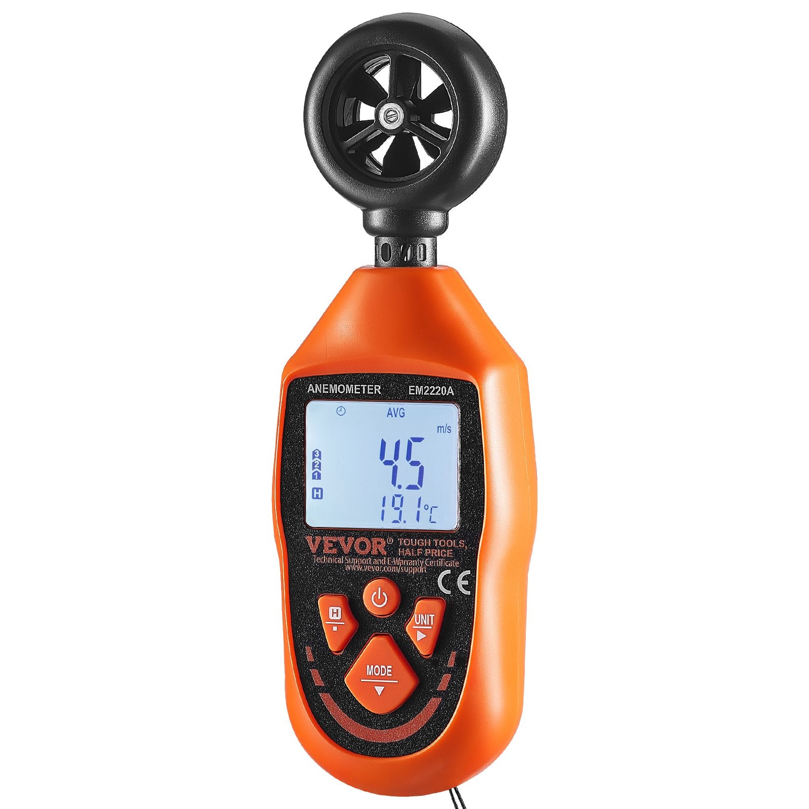 VEVOR Handheld Anemometer, -10℃ to 45℃, Digital Wind Speed Meter Gauge with LED Backlight Screen, Measures Wind Velocity Wind Temperature Air Flow Wind Chill, for Sailing Surfing Drone Flying HVAC