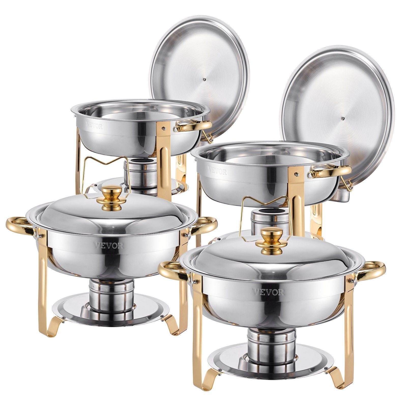 Chafing Dish Buffet Set, 5 Qt 4 Pack, Stainless Steel Chafer with 4 Full Size Pans, Round Catering Warmer Server with Lid Water Pan Folding Stand Clip, for Weddings Parties Banquets, Gold