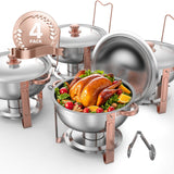 Chafing Dish Buffet Set, 5 Qt 4 Pack, Stainless Steel Chafer with 4 Full Size Pans, Round Catering Warmer Server with Lid Water Pan Folding Stand Clip, for Weddings Parties Banquets, Rose Gold