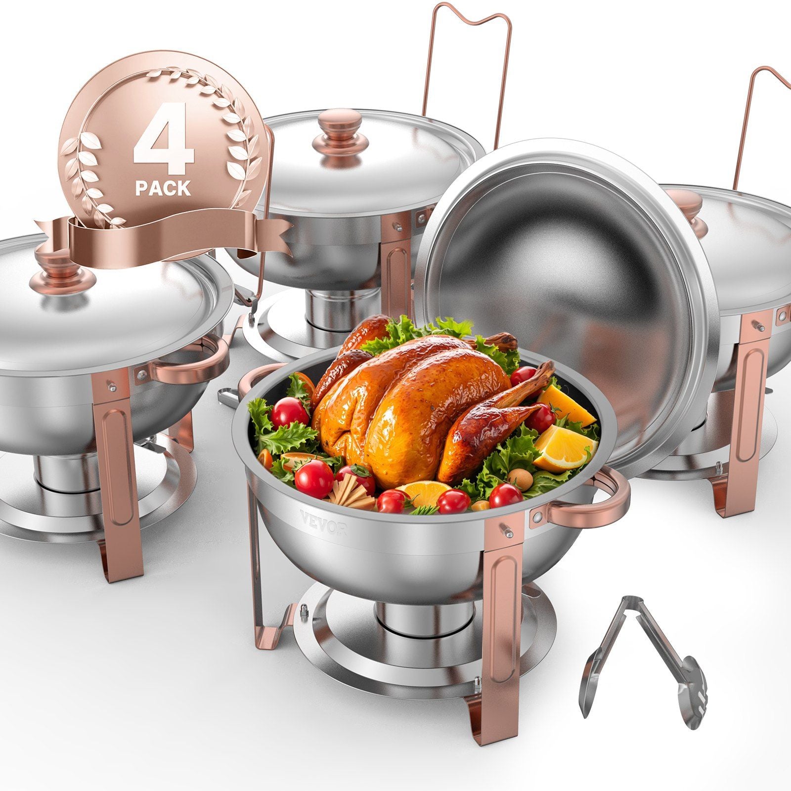 Chafing Dish Buffet Set, 5 Qt 4 Pack, Stainless Steel Chafer with 4 Full Size Pans, Round Catering Warmer Server with Lid Water Pan Folding Stand Clip, for Weddings Parties Banquets, Rose Gold
