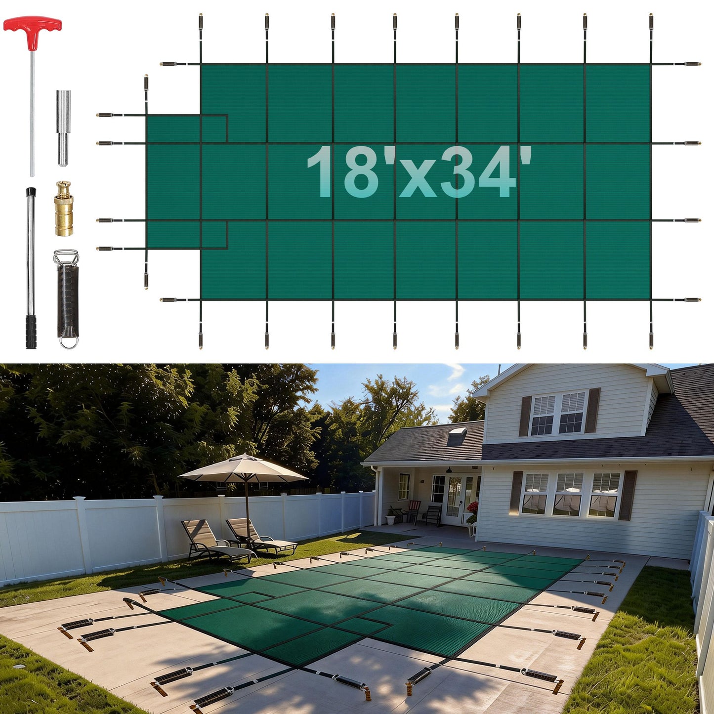 Pool Safety Cover Fits 16x32ft Rectangle Inground Safety Pool Cover Green Mesh with 4x8ft Center End Steps Solid Pool Safety Cover for Swimming Pool Winter Safety Cover