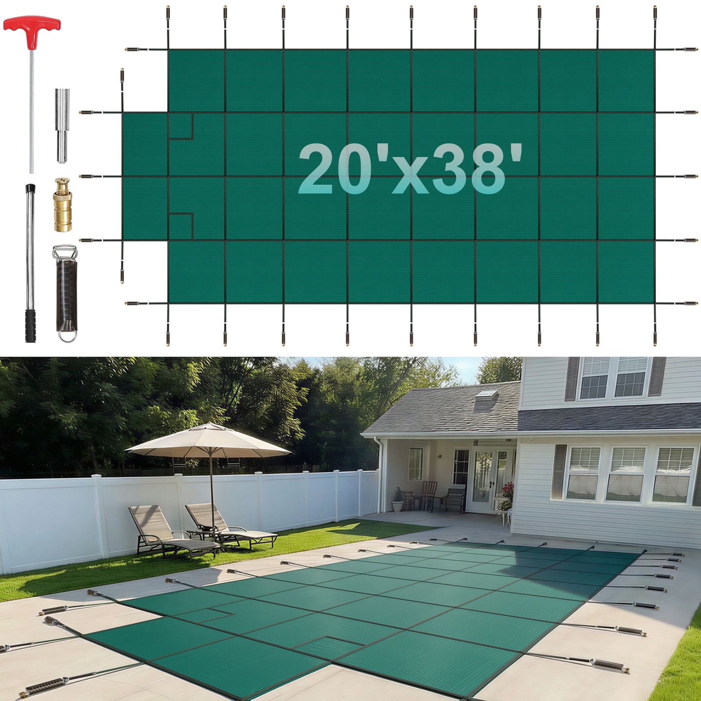 Pool Safety Cover Fits18x36ft Inground Safety Pool Cover Green Mesh with 4x8ft Center End Steps Solid Pool Safety Cover for Swimming Pool Winter