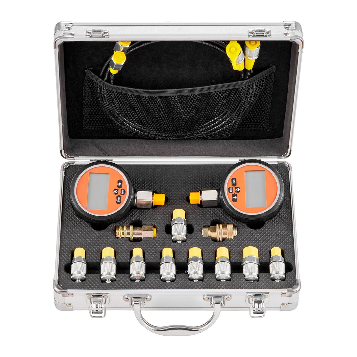 Digital Hydraulic Pressure Test Coupling Kit, 700 Bar Pressure Gauge Manometer Tester with 2 Gauges, 9 Test Couplings, 2 Quick-Release Couplers, 2 Hoses for Excavator Construction Machinery