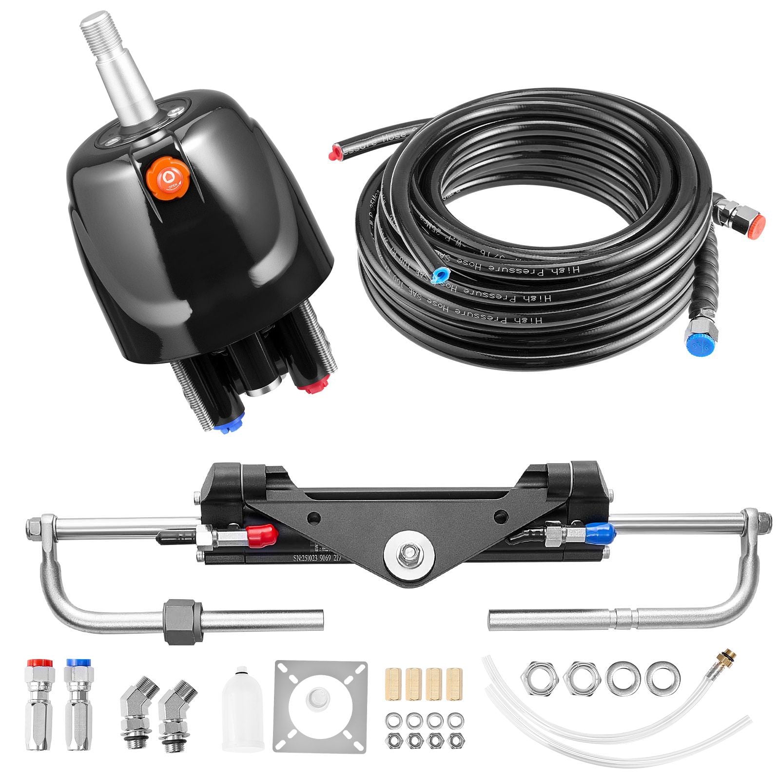 Hydraulic Steering Kit, 150 HP, Marine Boat Hydraulic Steering System, with 6.9 MPa/1000 psi Helm Pump, Two-Way Lock Cylinder, and 6 m High-Strength Hoses, for Single Station, Single-Engine Use
