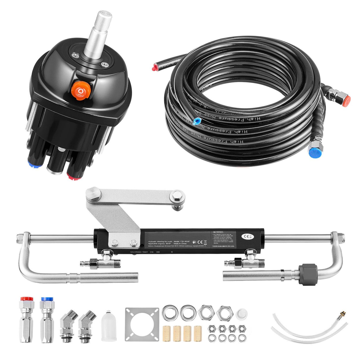 Hydraulic Steering Kit, 90 HP, Marine Boat Hydraulic Steering System, with 6.9 MPa/1000 psi Helm Pump, Two-Way Lock Cylinder, and 6 m High-Strength Hoses, for Single Station, Single-Engine Use