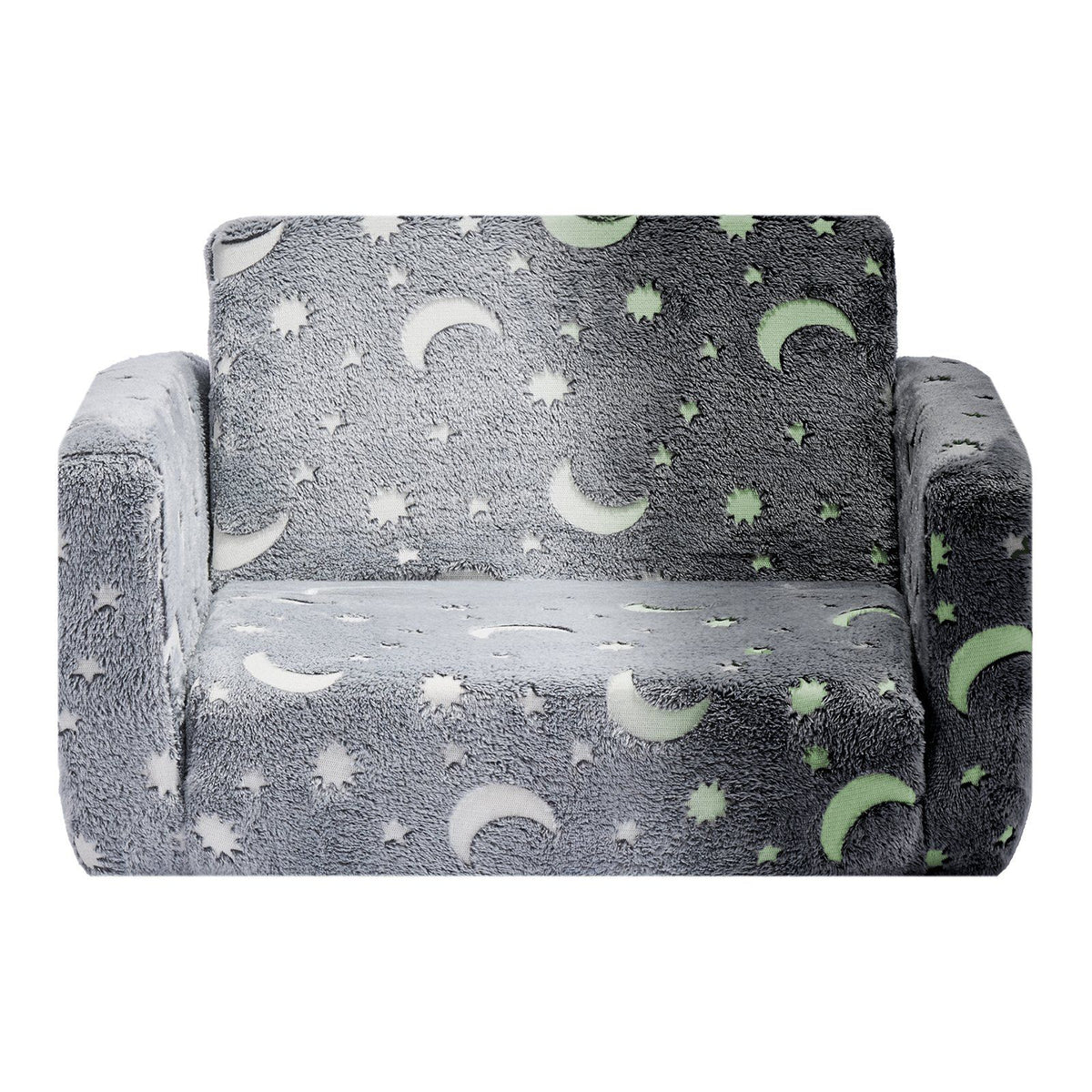 2-in-1 Kids Sofa, Foldable Toddler Soft Couch with Armrests, Glow in the Dark Kids Couch Fold Out with 28D Sponge & Flannel, Convertible Toddler Chair to Lounger for Reading and Gaming, M, Gray