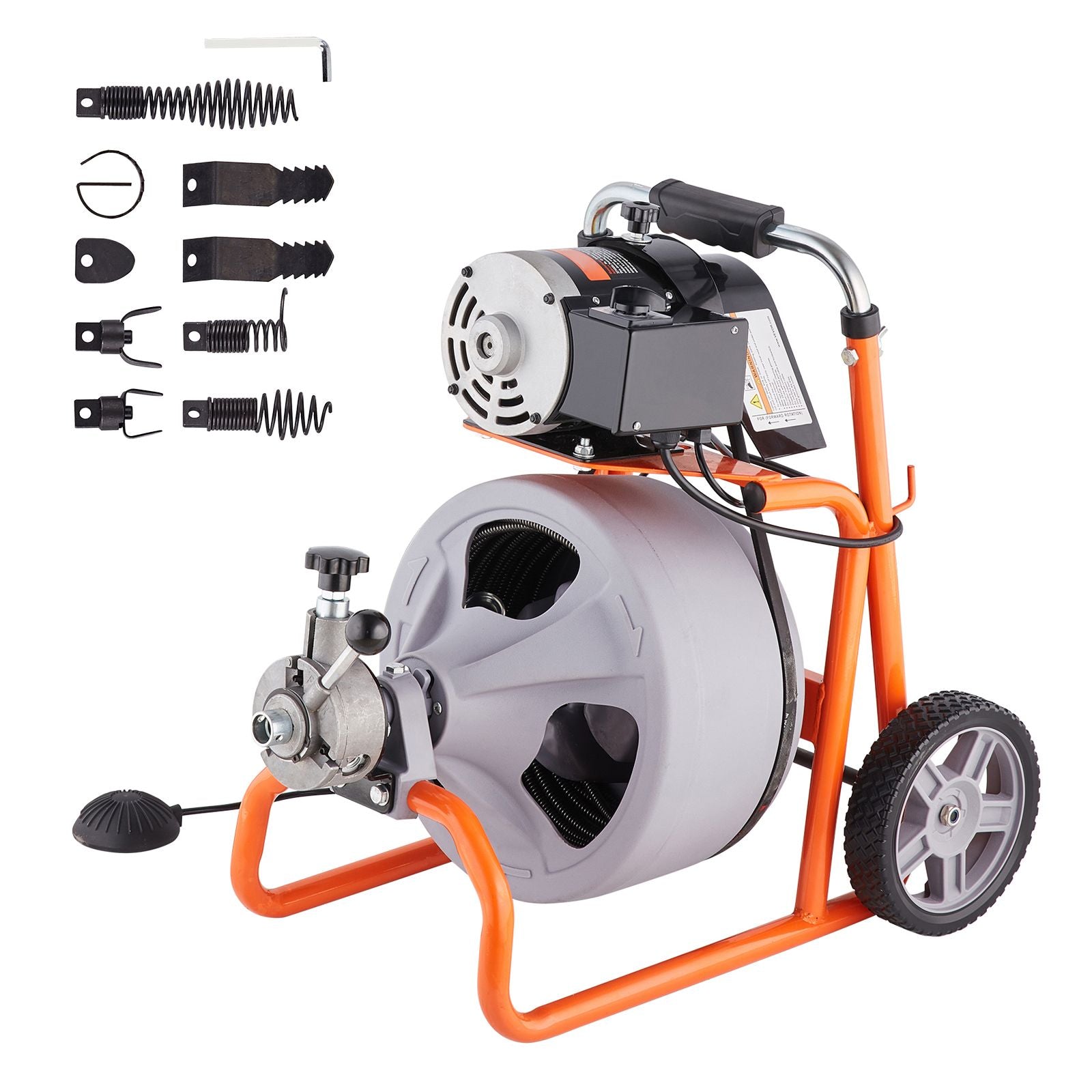 Drain Cleaner Machine 75FT x 3/8 Inch Auto Feed with Wheels & 8 Cutters