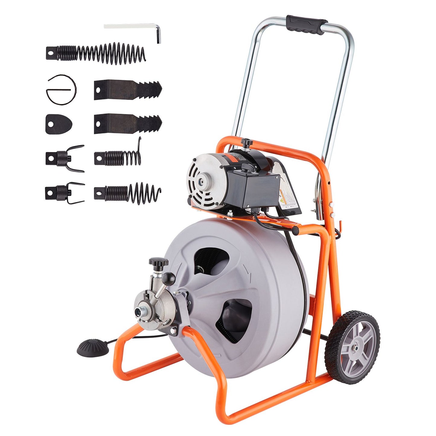 Drain Cleaner Machine 75FT x 1/2 Inch Auto Feed with Wheels & 8 Cutters