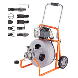 Drain Cleaner Machine 75FT x 1/2 Inch Auto Feed with Wheels & 8 Cutters