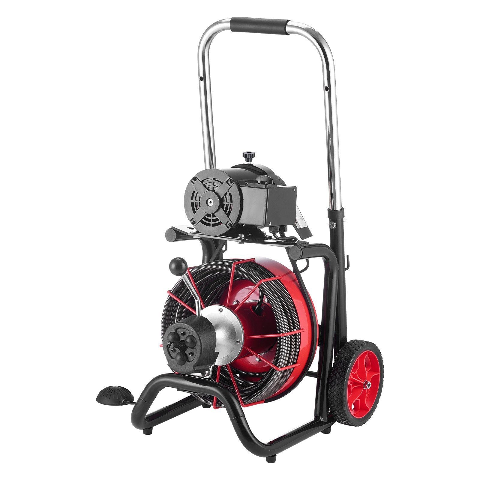 Drain Cleaner Machine 30m x 13mm, Auto Feed Sewer Snake Auger on Wheels - with 8 Cutters & Air-Activated Foot Switch for 50mm to 150mm Pipes