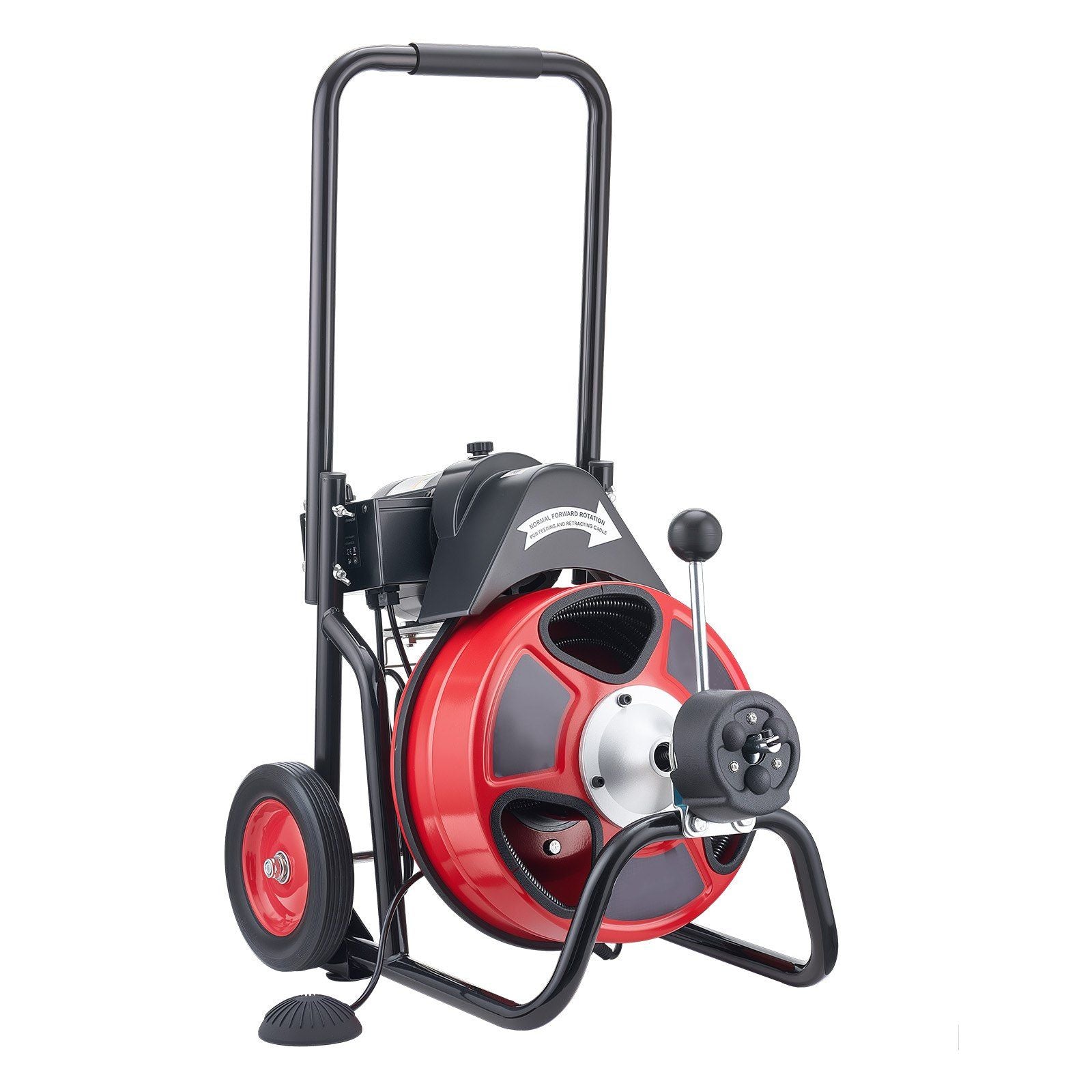Drain Cleaner Machine 15m x 13mm, Auto Feed Sewer Snake Auger on Wheels, Portable Drain Cleaning Machine with 4 Cutters & Air-activated Foot Switch for 50mm to 150mm Pipes