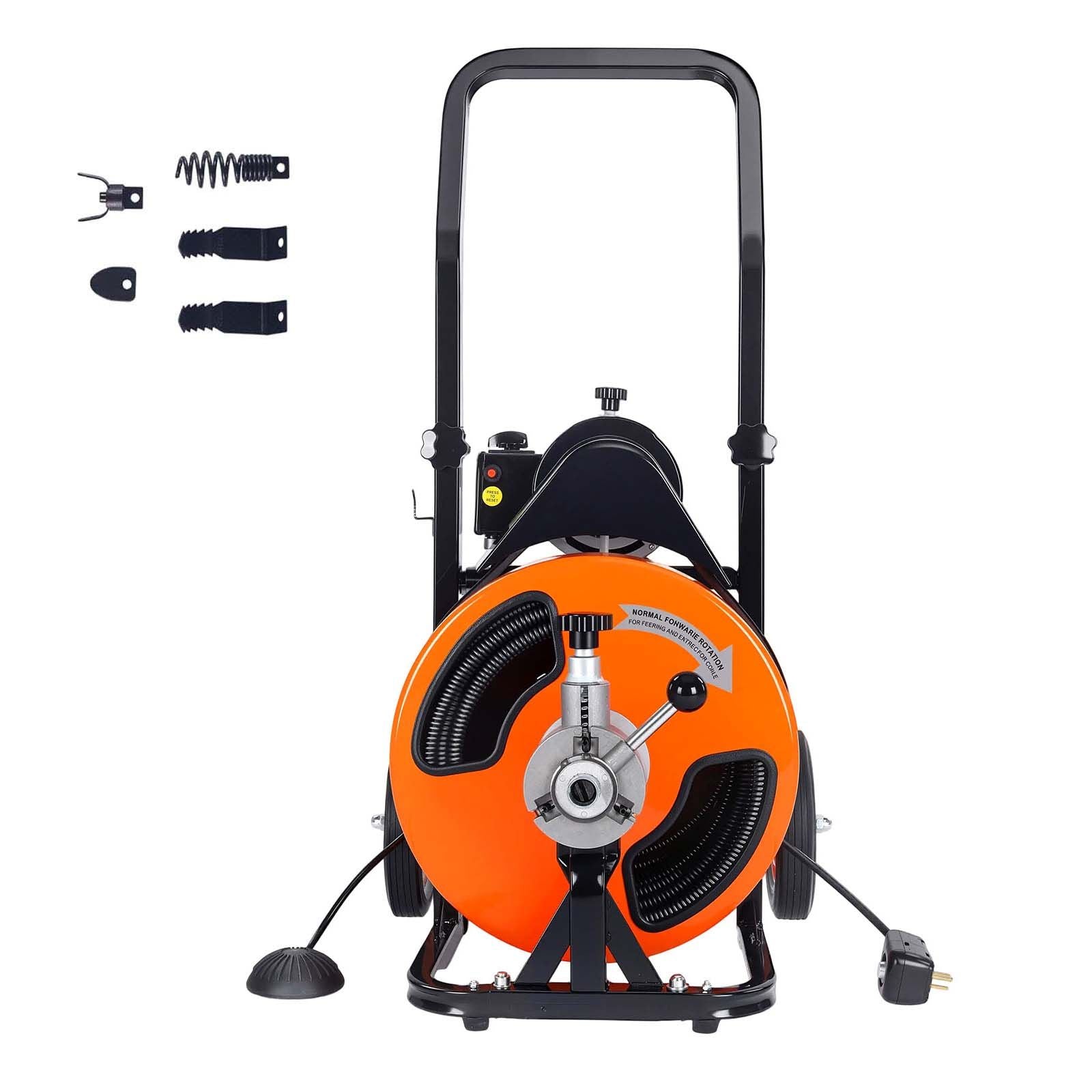 100FT x 1/2Inch Drain Cleaner Machine Sewer Auger Auto Feed with 4 Cutter & Air-Activated Foot Switch for 2" to 4" Pipes