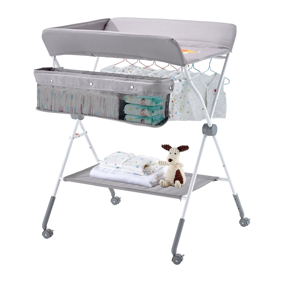 VEVOR Foldable Baby Changing Diaper Station with Side Basket & Wheels Light Gray