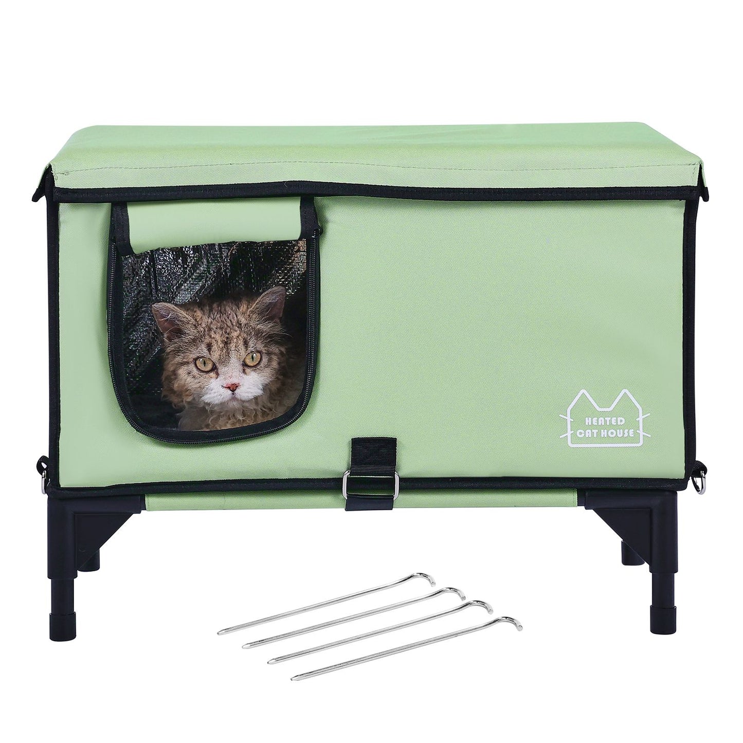 Elevated Heated Cat House, Cuboid Kitty Shelter with Adjustable Temperature and Timer, 900D Oxford Cloth Foldable Cat Shelter with Heated Pad for Winter to Stay Warm and Cozy, Green (Middle)