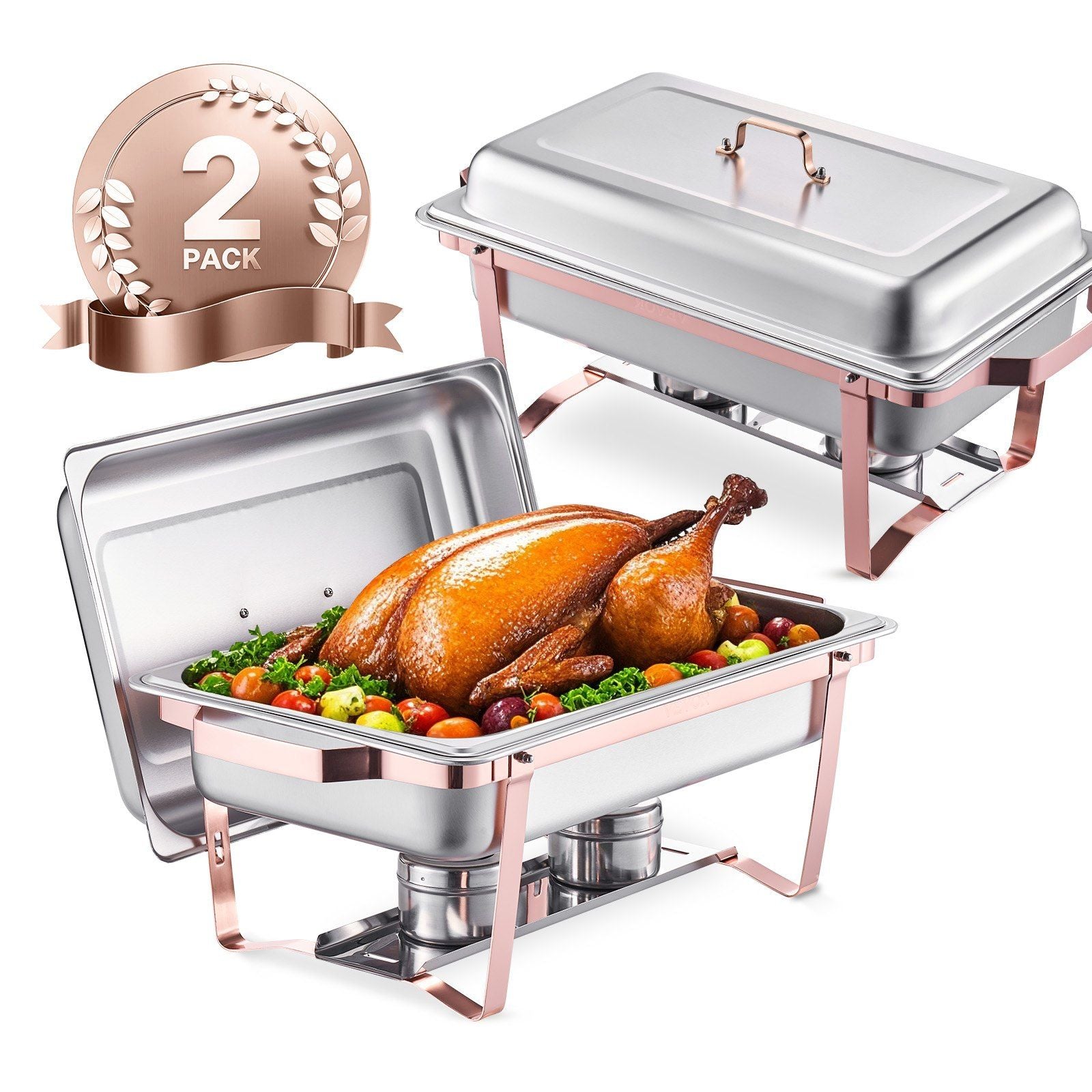 Chafing Dish Buffet Set, 8 Qt 2 Pack, Stainless Steel Chafer with 2 Full Size Pans, Rectangle Catering Warmer Server with Lid Water Pan Stand Fuel Holder, for Wedding Party Banquet, Rose Gold
