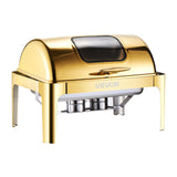 Roll Top Chafing Dish Buffet Complete Set, 9Qt Stainless Steel Chafer with Full Size Pan, Rectangle Catering Warmer Server with Visible Lid Water Pan Folding Stand Fuel Holder Meal Clip, Gold